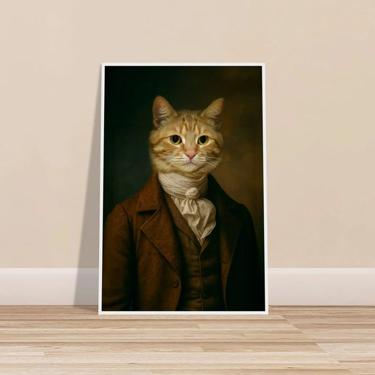 Renaissance Tierportrait einer orangefarbenen getigerten Katze im Kleidungsstil eines edlen Mannes mit Halstuch. Frontal im weissen Bilderrahmen in 60 x 90 cm an einer Wand lehnend.