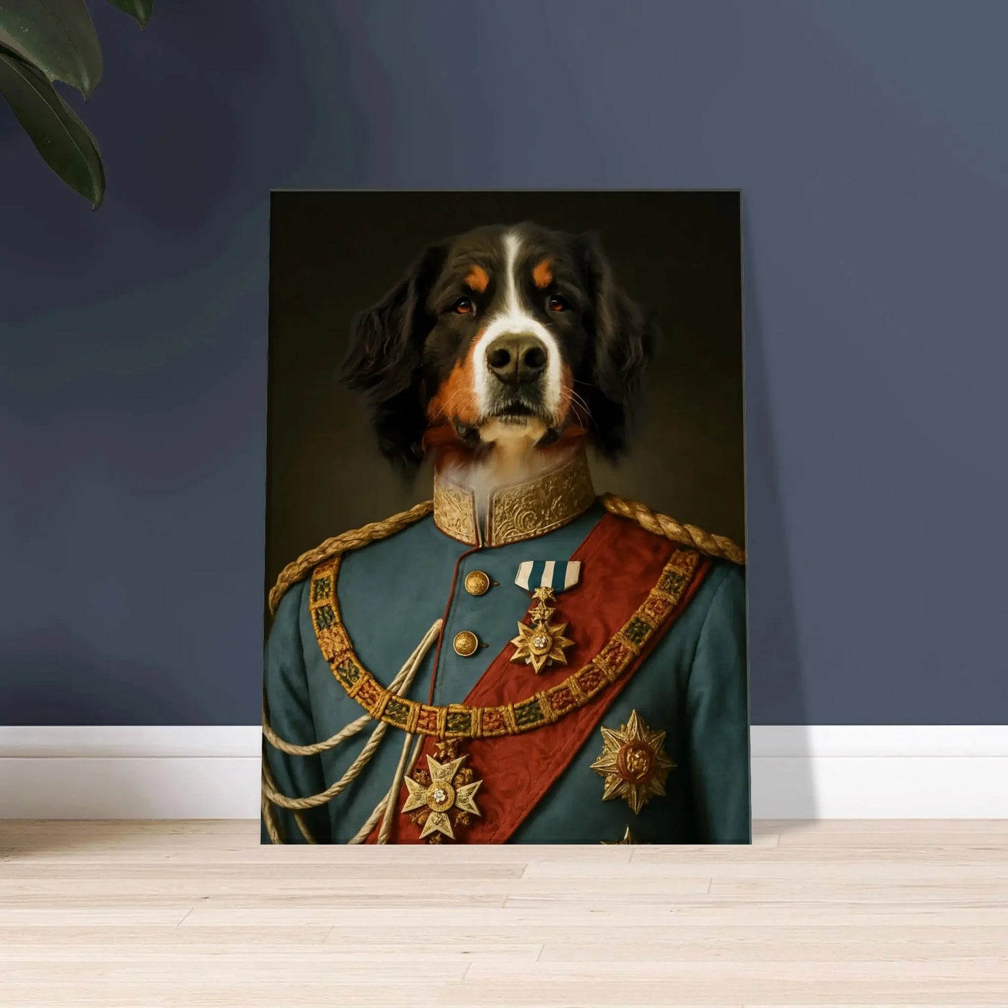 Renaissance Tierportrait eines Berner Sennenhundes im Kleidungsstil von König Ludwig II. auf Leinwand in 30x40 cm. Frontal an einer Wand lehnend.