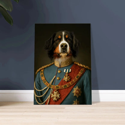 Renaissance Tierportrait eines Berner Sennenhundes im Kleidungsstil von König Ludwig II. auf Leinwand in 50x70 cm. Frontal an einer Wand lehnend.