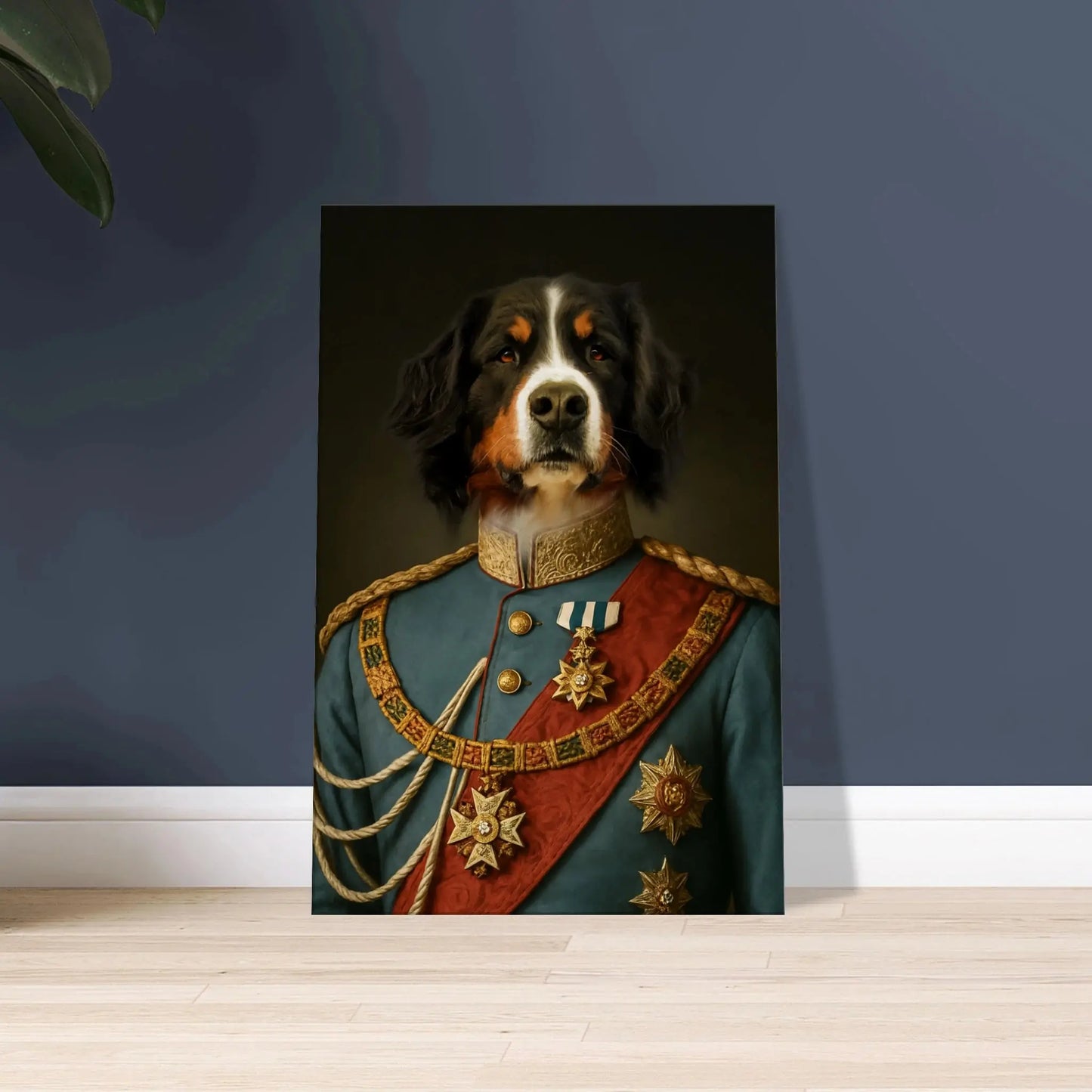 Renaissance Tierportrait eines Berner Sennenhundes im Kleidungsstil von König Ludwig II. auf Leinwand in 60x90 cm. Frontal an einer Wand lehnend.