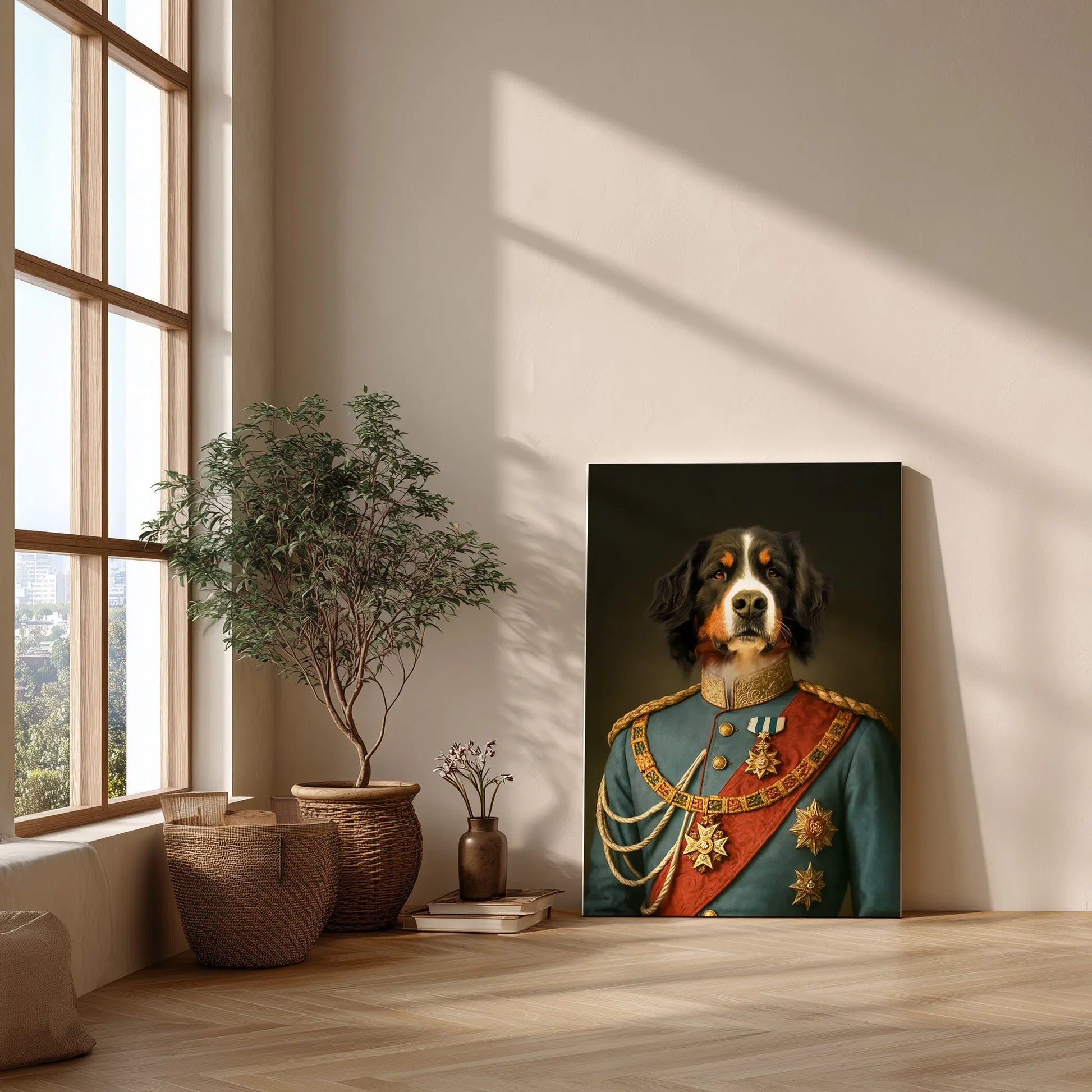 Renaissance Tierportrait eines Berner Sennenhundes im Kleidungsstil von König Ludwig II. auf Leinwand in 60x90 cm. Frontal an einer Wand lehnend neben einem hohen Fenster im Wohnzimmer mit Pflanzen.