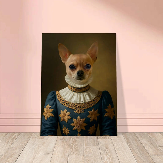 Renaissance Tierportrait eines Chihuahuas im Kleidungsstil einer edlen Dame aus dem 16. Jahrhundert. Poster in 30x40 cm. Frontal an einer Wand lehnend.