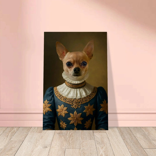 Renaissance Tierportrait eines Chihuahuas im Kleidungsstil einer edlen Dame aus dem 16. Jahrhundert. Poster in 40x60 cm. Frontal an einer Wand lehnend.