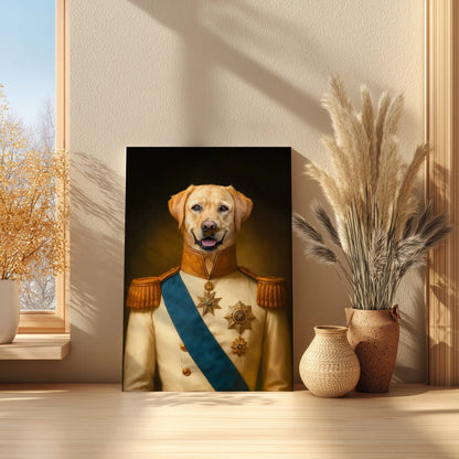 Renaissance Tierportrait eines beigen Labrador Retrievers im Kleidungsstil eines mittelalterlichen Kapitäns. Auf Leinwand in 60x90 cm. Frontal an einer Wand lehnend. Daneben eine Pflanze in einer Vase