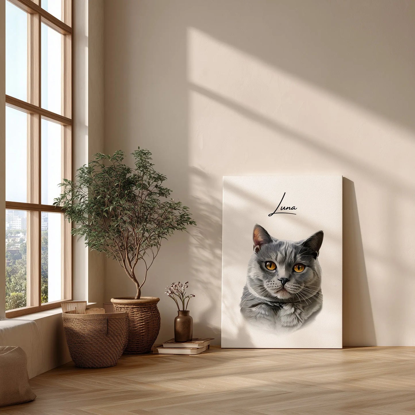 Tierportrait einer silbergrauen Ragdoll Katze im modernen Vektor-Stil auf Leinwand 50x70 cm. Von vorne an einer Wand lehnend neben einem Fenster.