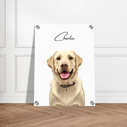 Tierportrait eines beigen Labrador Retrievers  im modernen Vektor-Stil auf Acrylglas 30x40 cm. Vor vorne an einer Wand lehnend.