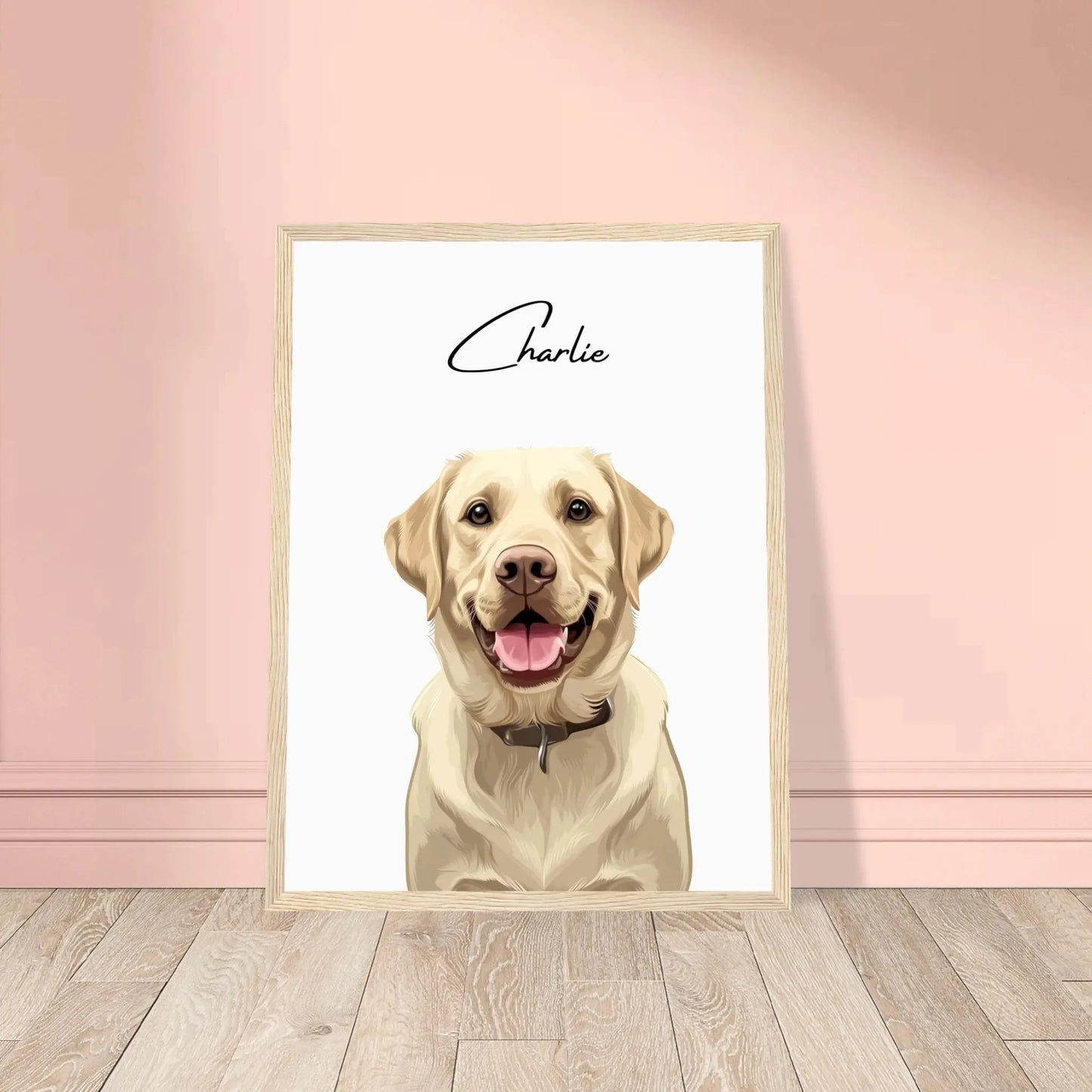 Tierportrait eines beigen Labrador Retrievers im modernen Vektor-Stil auf Fine-Art Papier im holzfarbenen Bilderrahmen 30x40 cm. Von vorne an einer Wand lehnend.