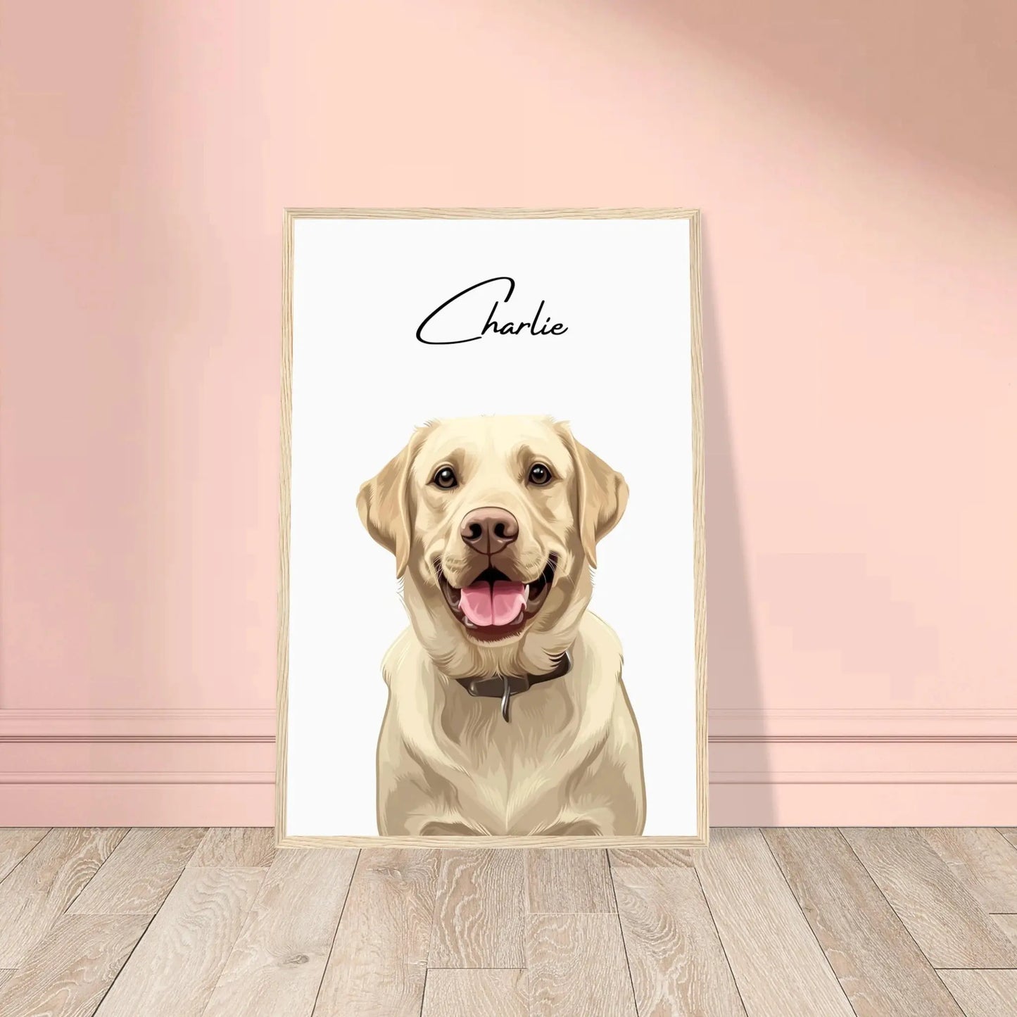 Tierportrait eines beigen Labrador Retrievers im modernen Vektor-Stil auf Fine-Art Papier im holzfarbenen Bilderrahmen 40x60 cm. Von vorne an einer Wand lehnend.