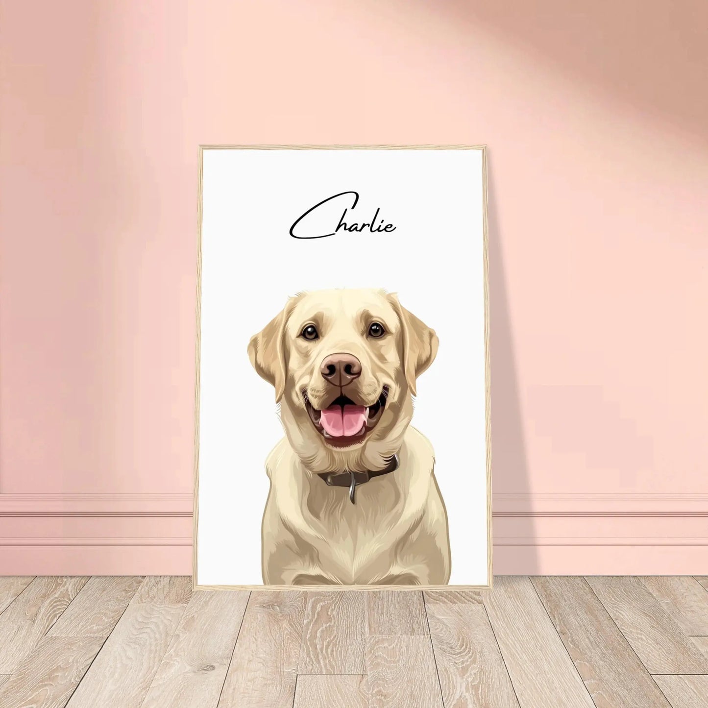 Tierportrait eines beigen Labrador Retrievers im modernen Vektor-Stil auf Fine-Art Papier im holzfarbenen Bilderrahmen 60x90 cm. Von vorne an einer Wand lehnend.