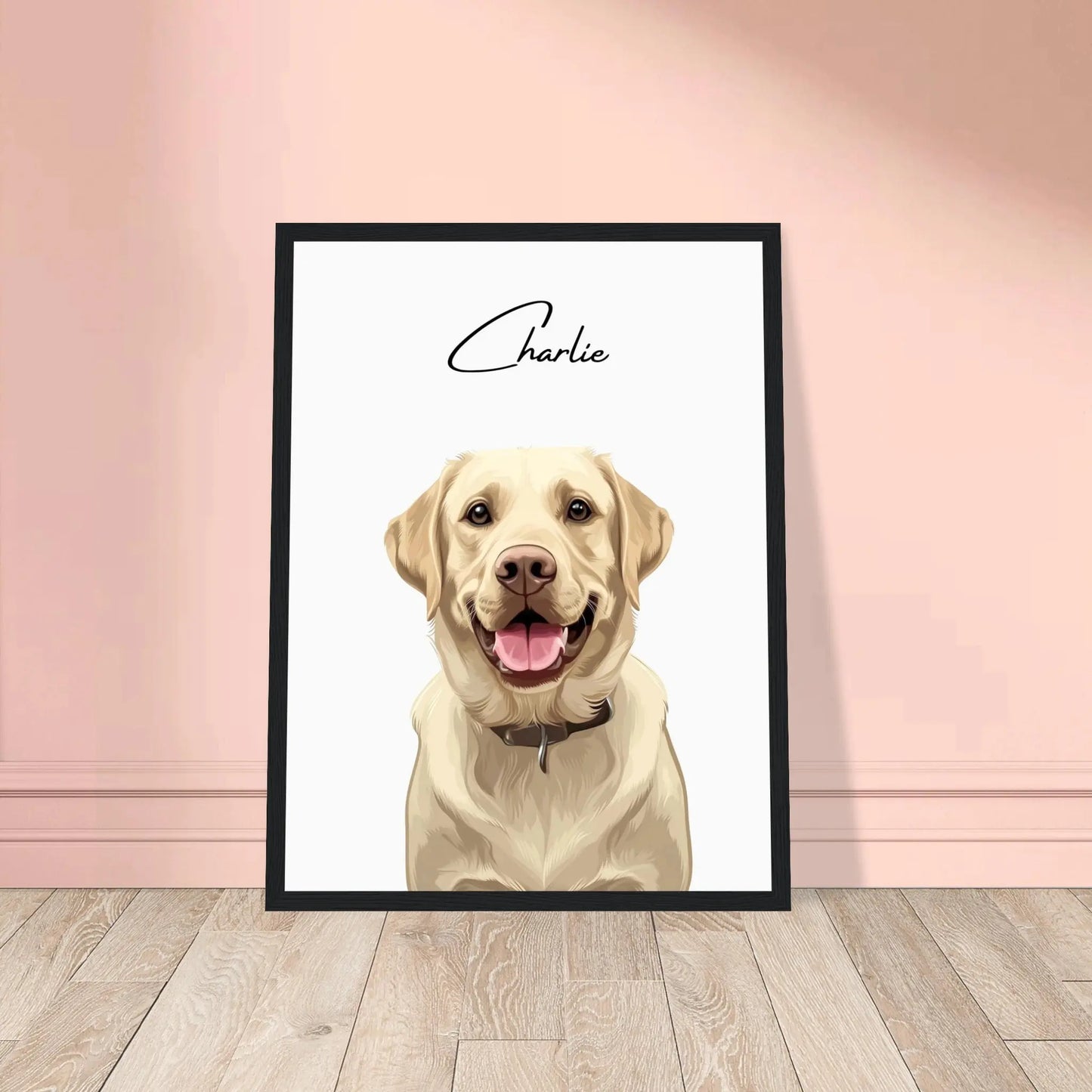Tierportrait eines beigen Labrador Retrievers im modernen Vektor-Stil auf Fine-Art Papier im schwarzen Bilderrahmen 30x40 cm. Von vorne an einer Wand lehnend.