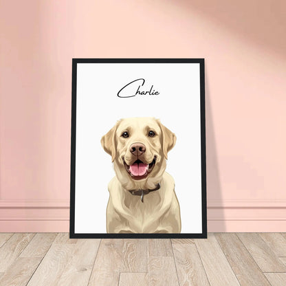 Tierportrait eines beigen Labrador Retrievers im modernen Vektor-Stil auf Fine-Art Papier im schwarzen Bilderrahmen 30x40 cm. Von vorne an einer Wand lehnend.