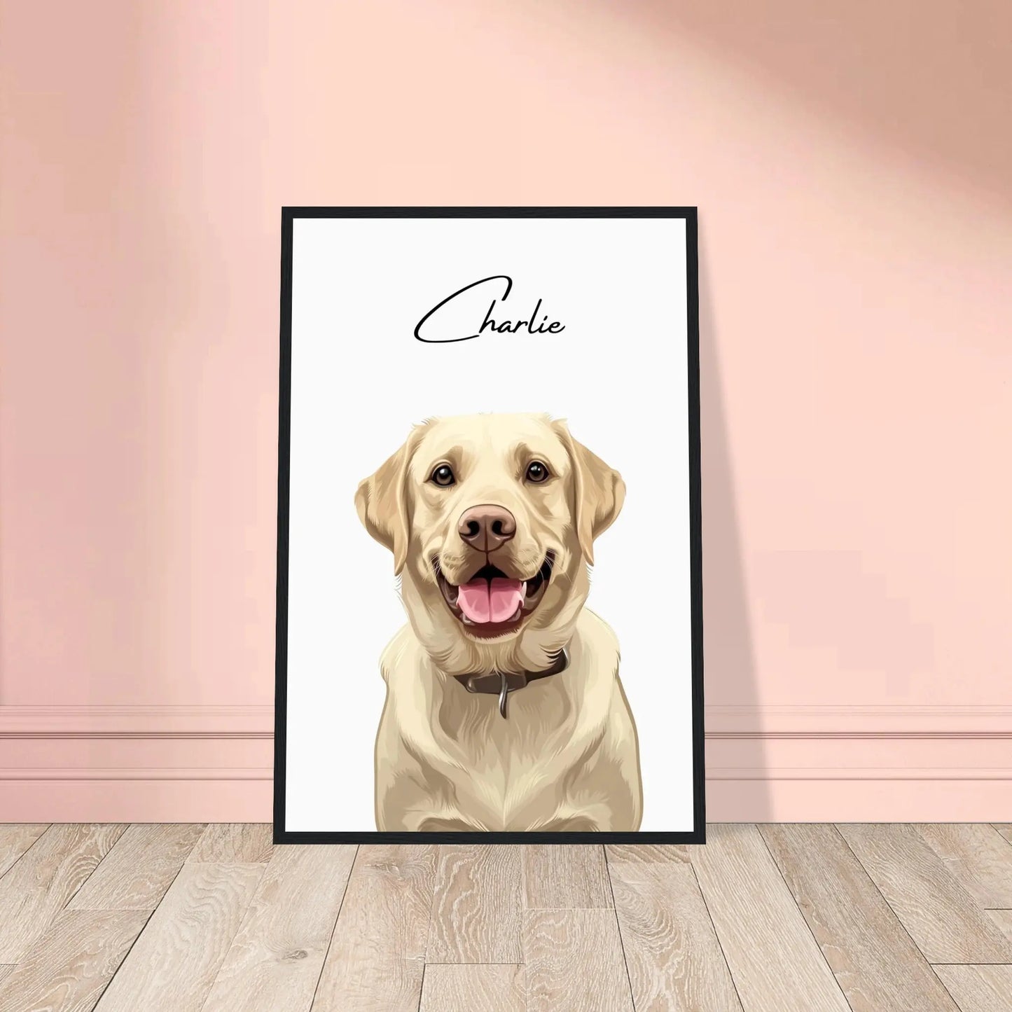 Tierportrait eines beigen Labrador Retrievers im modernen Vektor-Stil auf Fine-Art Papier im schwarzen Bilderrahmen 40x60 cm. Von vorne an einer Wand lehnend.