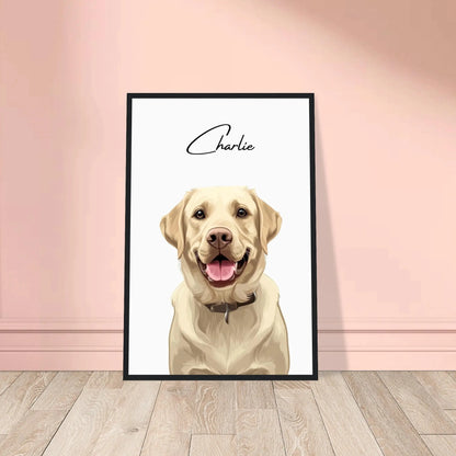 Tierportrait eines beigen Labrador Retrievers im modernen Vektor-Stil auf Fine-Art Papier im schwarzen Bilderrahmen 40x60 cm. Von vorne an einer Wand lehnend.