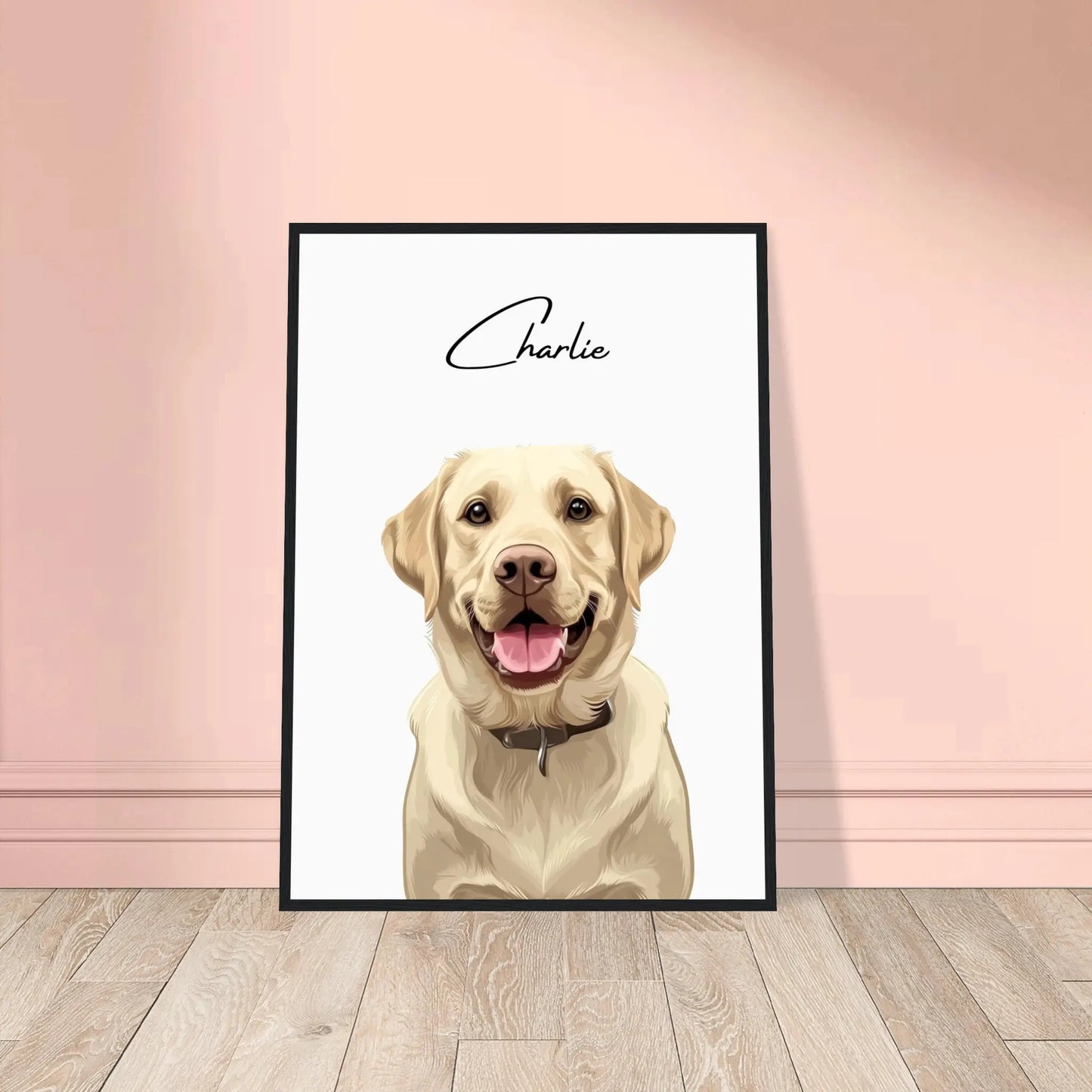 Tierportrait eines beigen Labrador Retrievers im modernen Vektor-Stil auf Fine-Art Papier im schwarzen Bilderrahmen 50x70 cm. Von vorne an einer Wand lehnend.