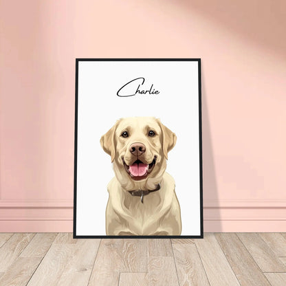 Tierportrait eines beigen Labrador Retrievers im modernen Vektor-Stil auf Fine-Art Papier im schwarzen Bilderrahmen 50x70 cm. Von vorne an einer Wand lehnend.