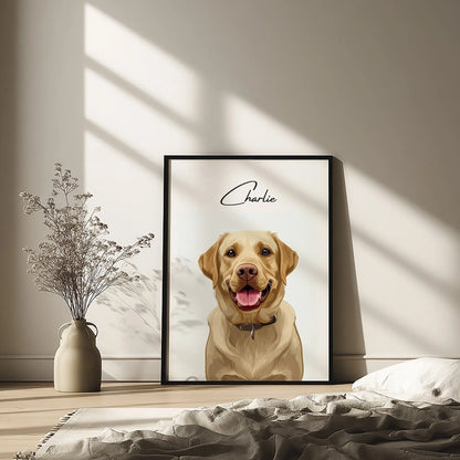 Tierportrait eines beigen Labrador Retrievers im modernen Vektor-Stil auf Fine-Art Papier im schwarzen Bilderrahmen 50x70 cm. Von vorne an einer Wand lehnend. Daneben ein Teppich und eine Blume in der Vase.