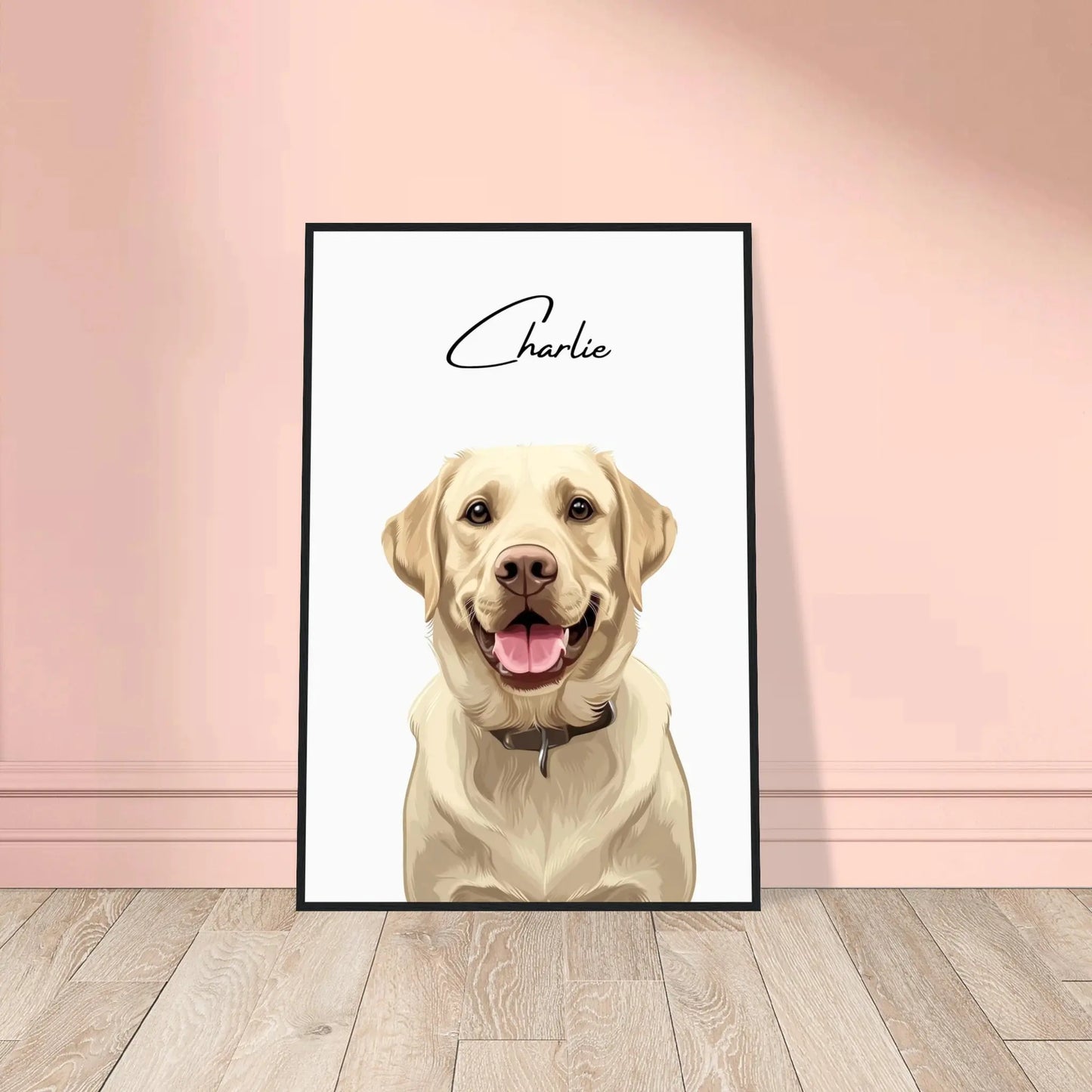 Tierportrait eines beigen Labrador Retrievers im modernen Vektor-Stil auf Fine-Art Papier im schwarzen Bilderrahmen 60x90 cm. Von vorne an einer Wand lehnend.