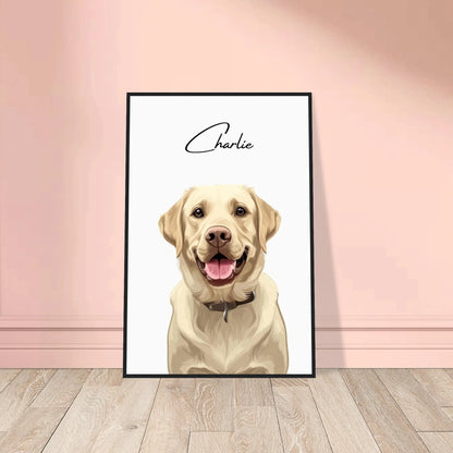 Tierportrait eines beigen Labrador Retrievers im modernen Vektor-Stil auf Fine-Art Papier im schwarzen Bilderrahmen 60x90 cm. Von vorne an einer Wand lehnend.