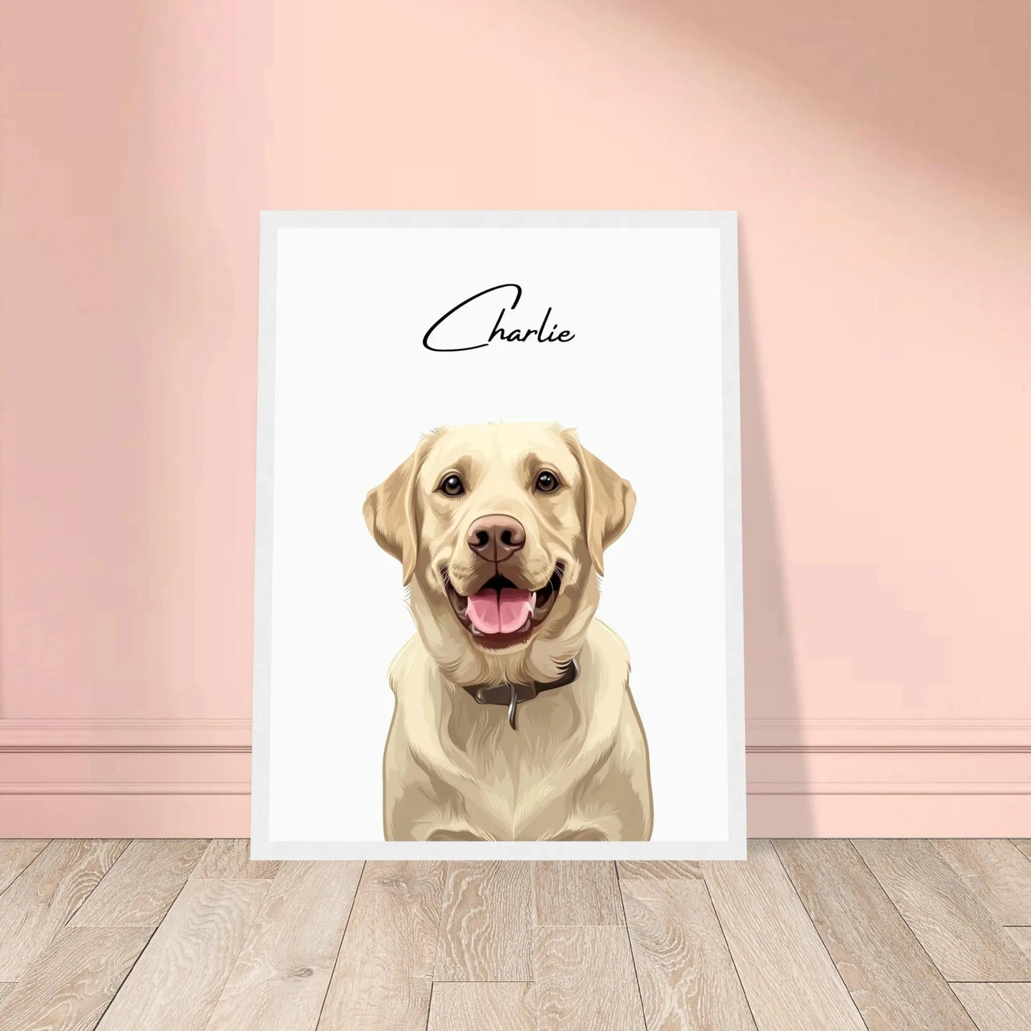 Tierportrait eines beigen Labrador Retrievers im modernen Vektor-Stil auf Fine-Art Papier im weißen Bilderrahmen 30x40 cm. Von vorne an einer Wand lehnend.