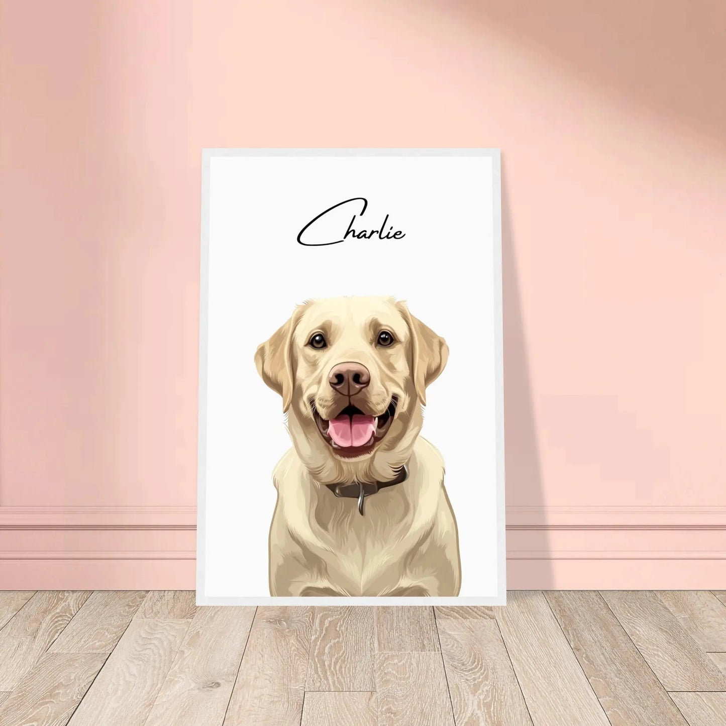 Tierportrait eines beigen Labrador Retrievers im modernen Vektor-Stil auf Fine-Art Papier im weißen Bilderrahmen 40x60 cm. Von vorne an einer Wand lehnend.