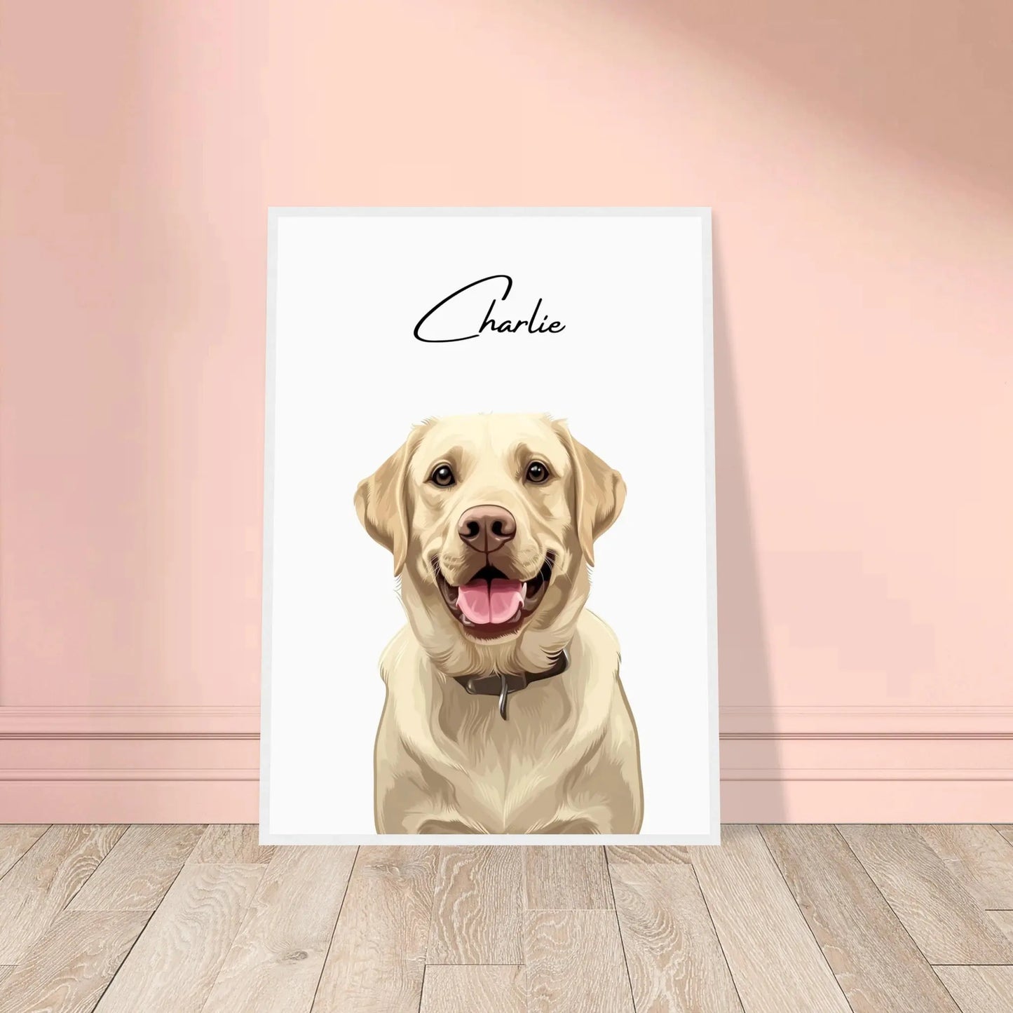 Tierportrait eines beigen Labrador Retrievers im modernen Vektor-Stil auf Fine-Art Papier im weißen Bilderrahmen 50x70 cm. Von vorne an einer Wand lehnend.