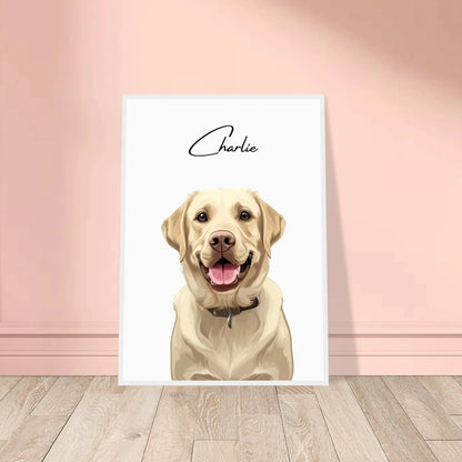 Tierportrait eines beigen Labrador Retrievers im modernen Vektor-Stil auf Fine-Art Papier im weißen Bilderrahmen 50x70 cm. Von vorne an einer Wand lehnend.