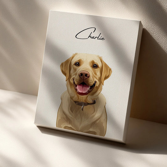 Tierportrait eines beigen Labrador Retrievers im modernen Vektor-Stil auf Leinwand 30x40 cm. Seitlicher Blick an einer Wand lehnend.