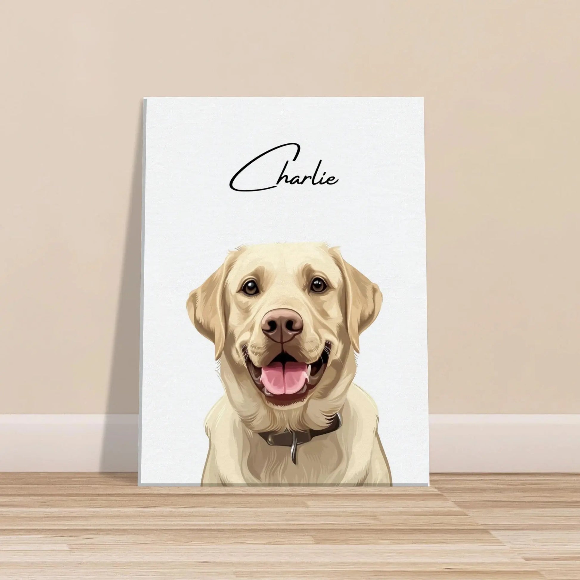 Tierportrait eines beigen Labrador Retrievers im modernen Vektor-Stil auf Leinwand 30x40 cm. Vor vorne an einer Wand lehnend.