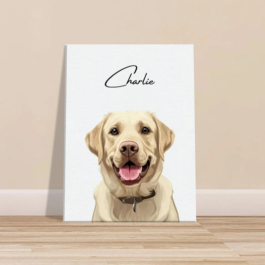 Tierportrait eines beigen Labrador Retrievers im modernen Vektor-Stil auf Leinwand 30x40 cm. Vor vorne an einer Wand lehnend.