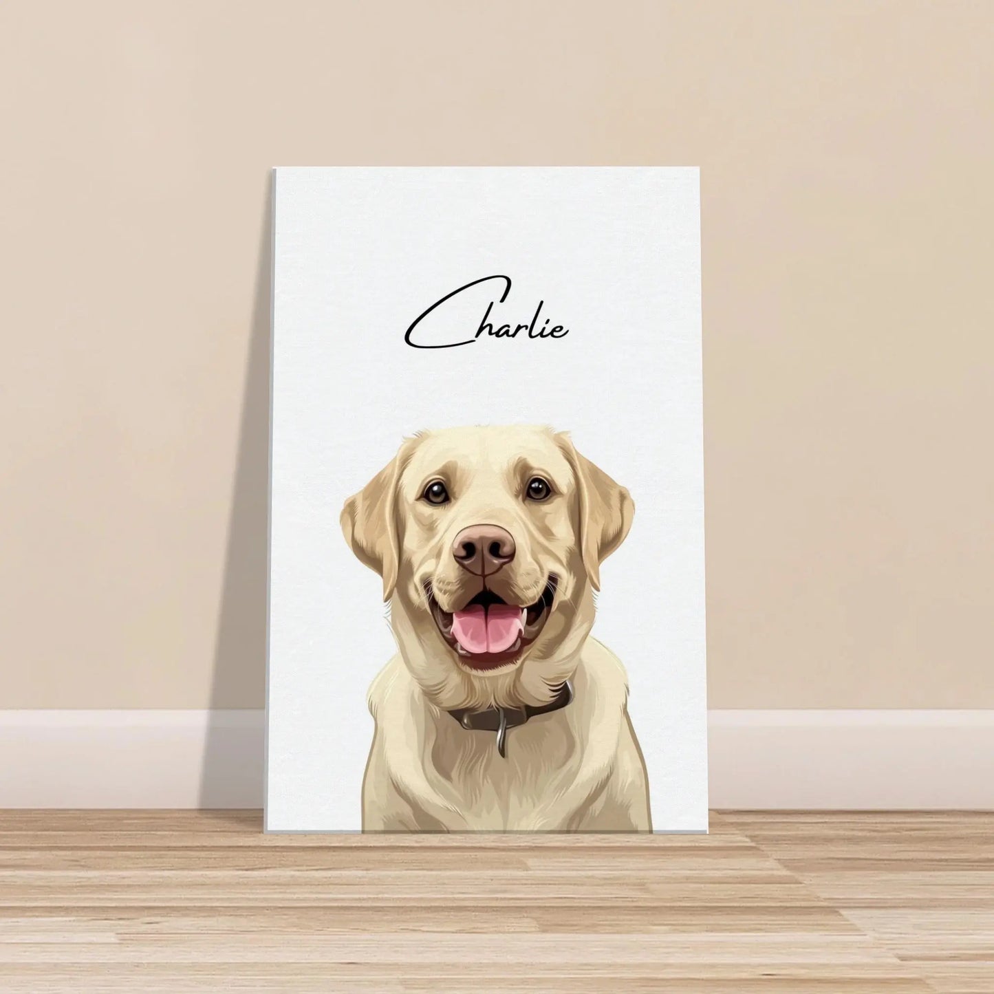 Tierportrait eines beigen Labrador Retrievers im modernen Vektor-Stil auf Leinwand 40x60 cm. Vor vorne an einer Wand lehnend.