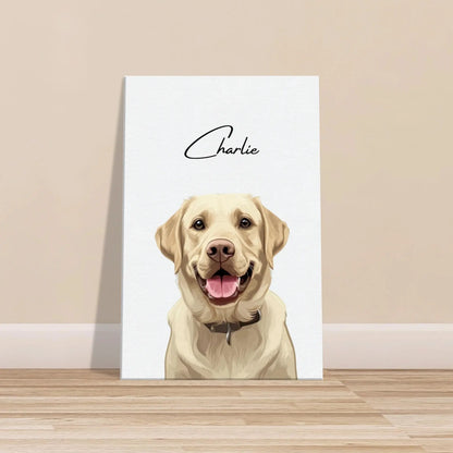 Tierportrait eines beigen Labrador Retrievers im modernen Vektor-Stil auf Leinwand 40x60 cm. Vor vorne an einer Wand lehnend.