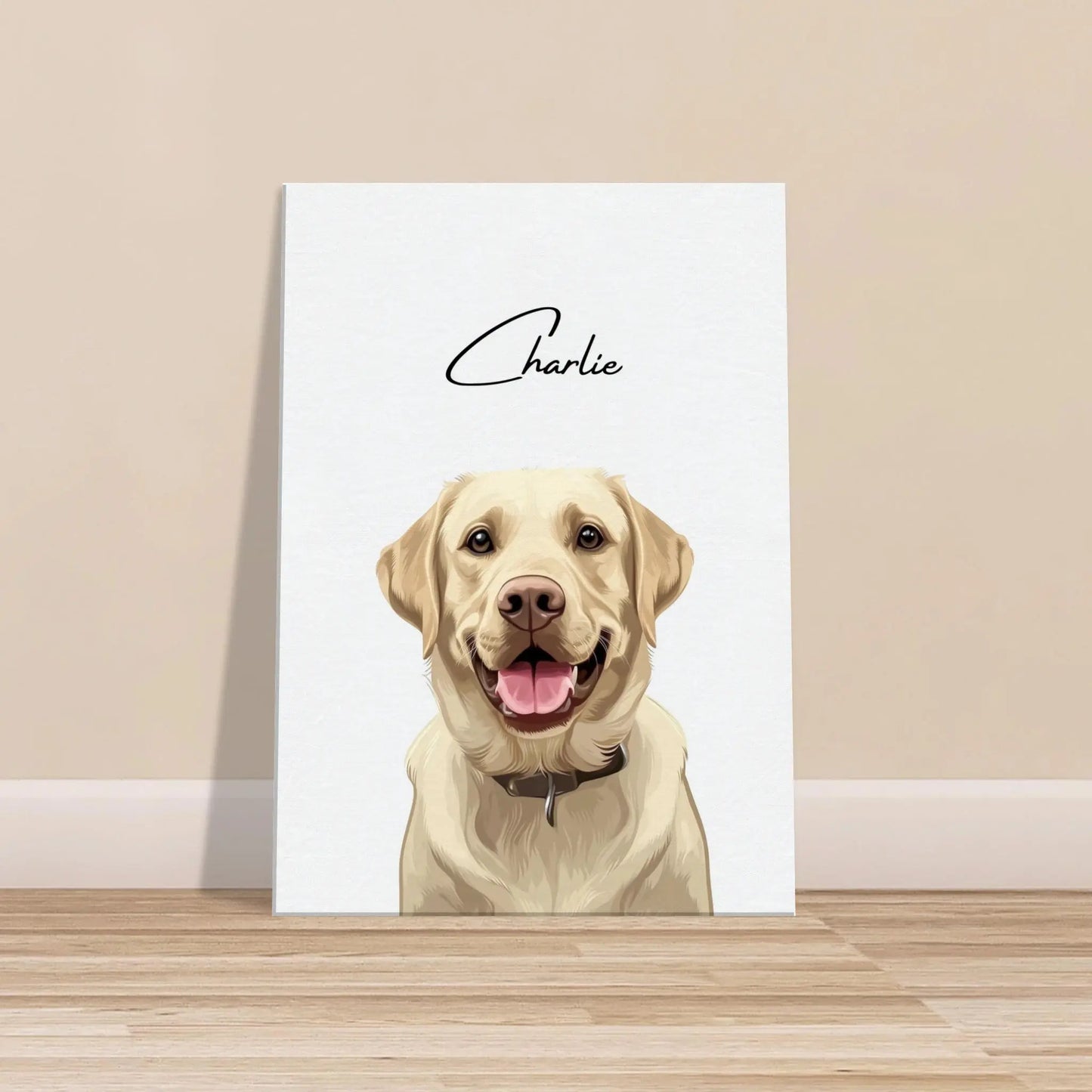 Tierportrait eines beigen Labrador Retrievers im modernen Vektor-Stil auf Leinwand 50x70 cm. Vor vorne an einer Wand lehnend.