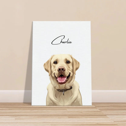 Tierportrait eines beigen Labrador Retrievers im modernen Vektor-Stil auf Leinwand 50x70 cm. Vor vorne an einer Wand lehnend.