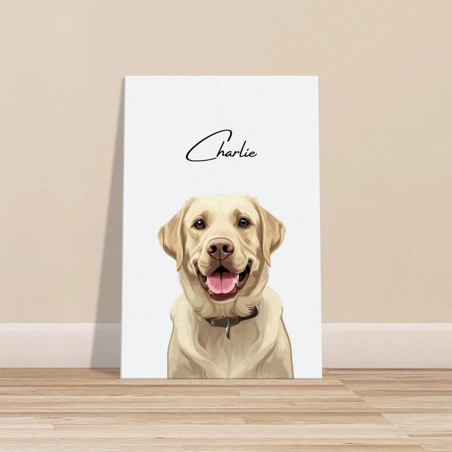 Tierportrait eines beigen Labrador Retrievers im modernen Vektor-Stil auf Leinwand 60x90 cm. Vor vorne an einer Wand lehnend.