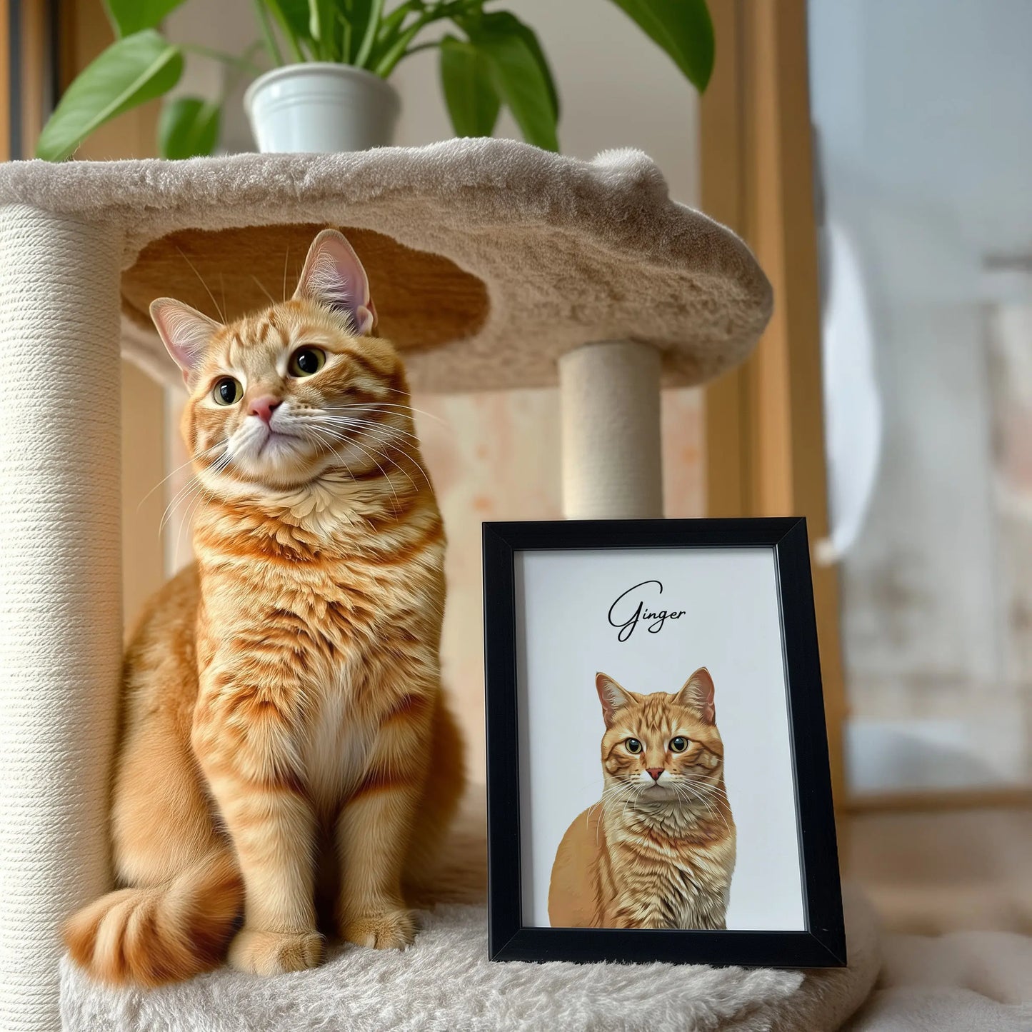 Tierportrait eines rotorangen Hauskatze im modernen Vektor-Stil auf Fine-Art Papier im schwarzen Bilderrahmen 30x40 cm. Frontaler Blick. Das Bild lehnt auf dem Kratzbaum. Die Katze sitzt neben ihrem Bild und sieht woanders hin.