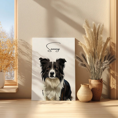 Tierportrait eines schwarz weissen Hundes im modernen Vektor-Stil auf Leinwand 50x70 cm. Von vorne an einer Wand lehnend.